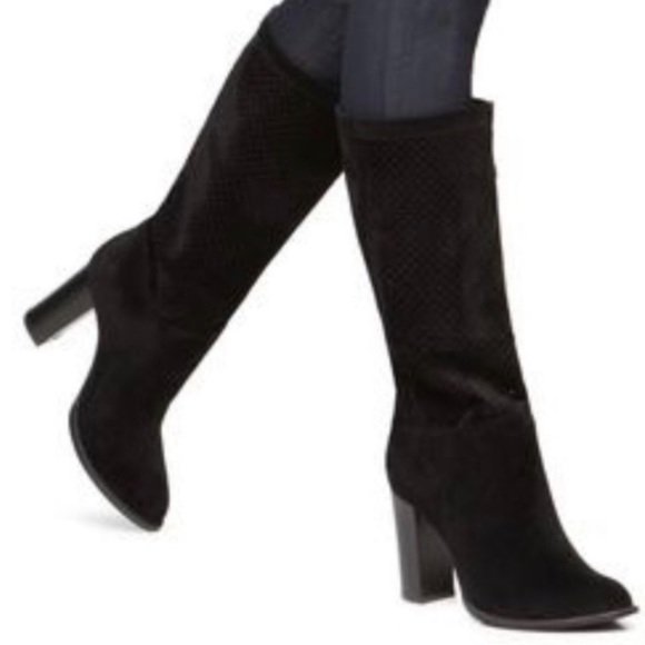 NWOT Perforated Stacked Heel Black Boots - Picture 2 of 12